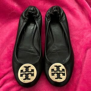 Tory Burch Black Leather Flats with Gold Emblem